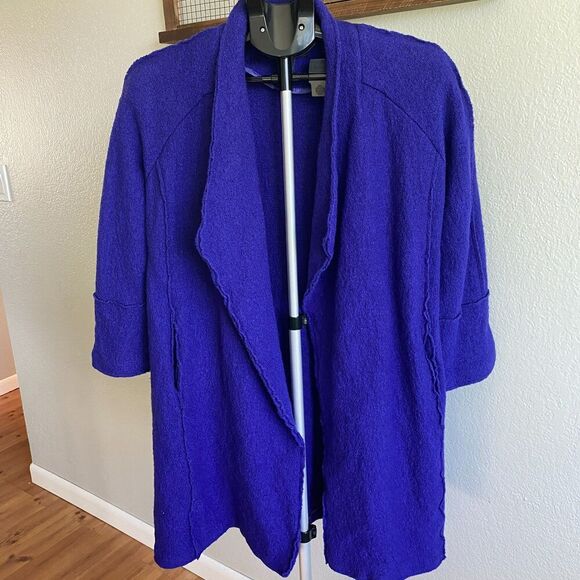 Tahari Boiled Wool Duster Open Front Kimono Jacket Coat Royal Purple Womens M - Picture 1 of 4